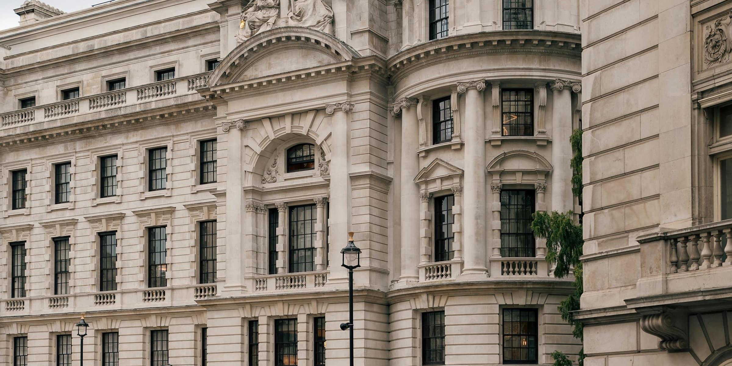 A grand classical stone facade in soft daylight